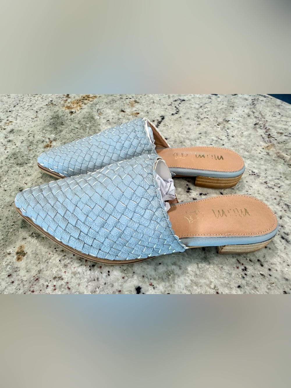 Woven Light Bluish Gray Leather Women's "Alice" Slip-On Mules